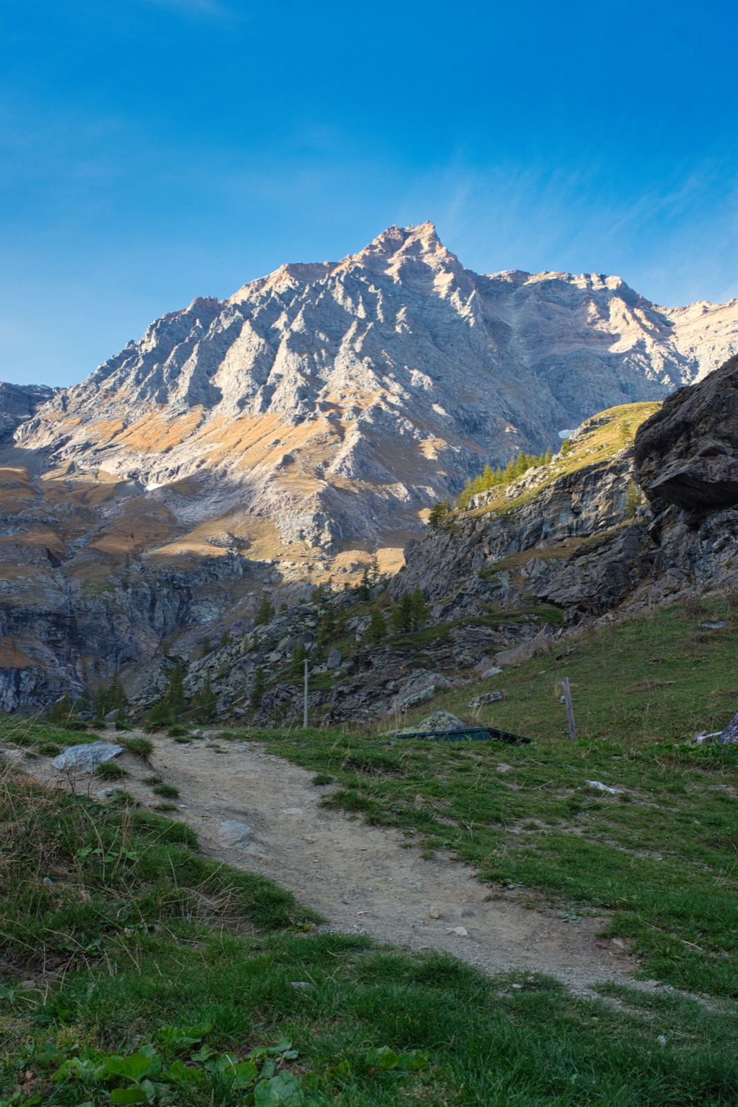 Sentiero che sale in un prato verso una montagna dalla cima rocciosa e chiara
